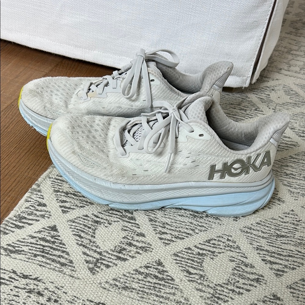 Hoka Light Gray and Sky Blue Sneakers